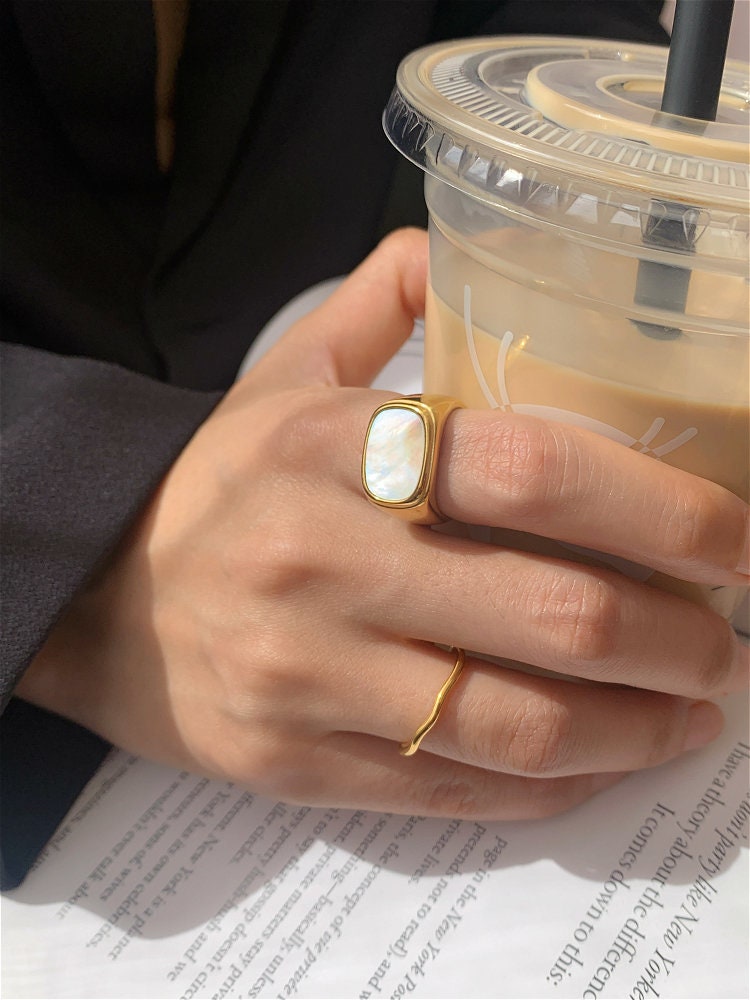 Chunky Gold Signet Ring, Mother-of-Pearl Ring