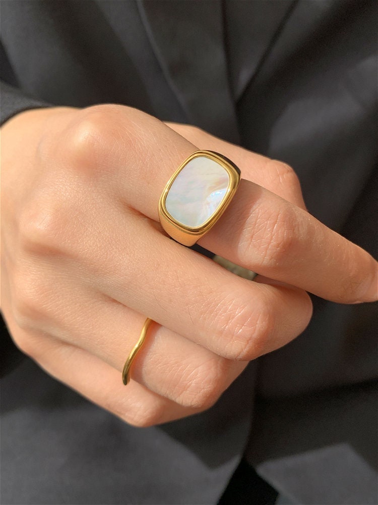 Chunky Gold Signet Ring, Mother-of-Pearl Ring