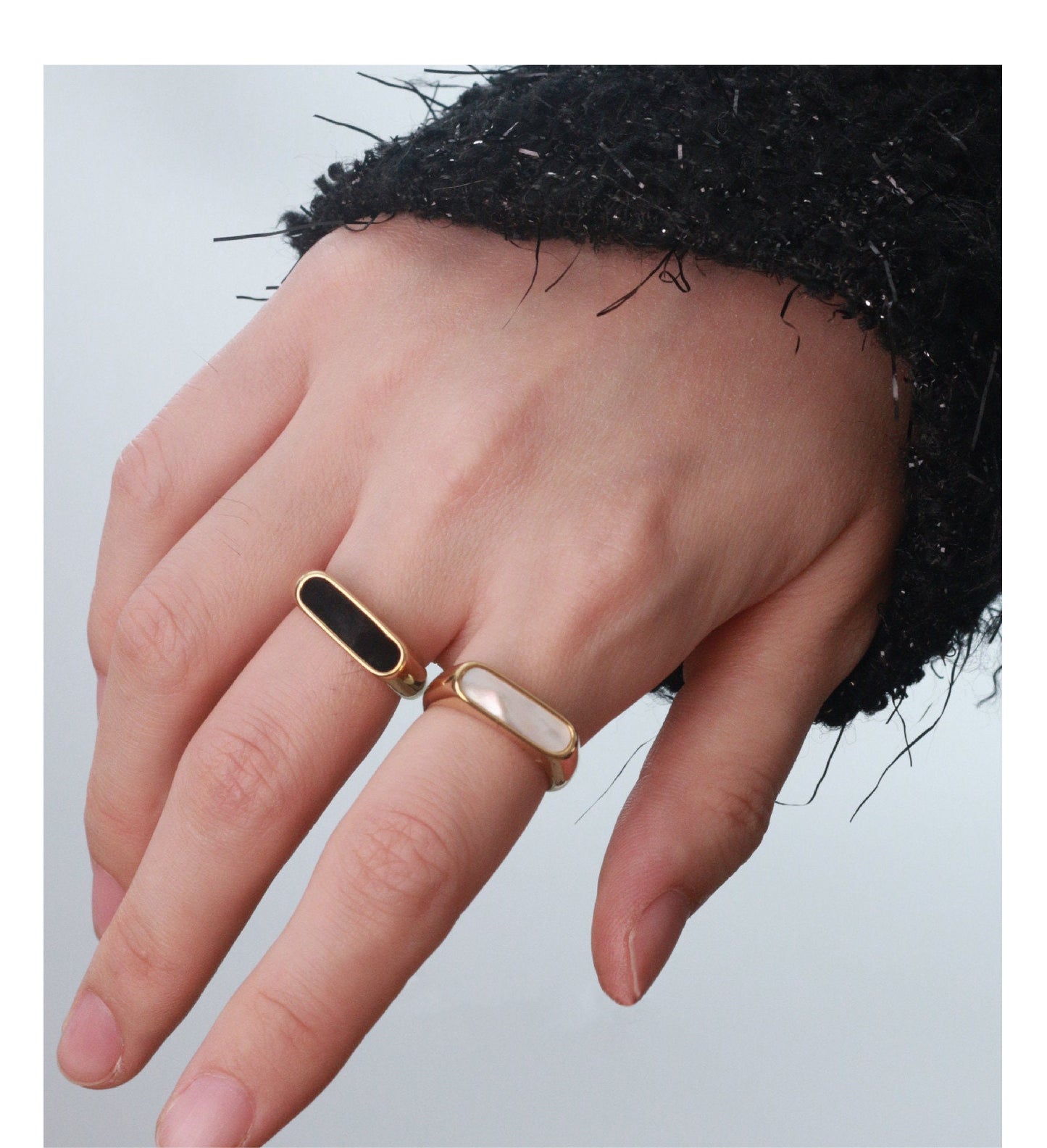 Mother-of-Pearl Ring, Rectangle White Mop/Black Onyx Ring