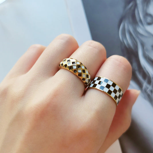 Statement Checker Ring, White and Black Checkerboard Signet Ring