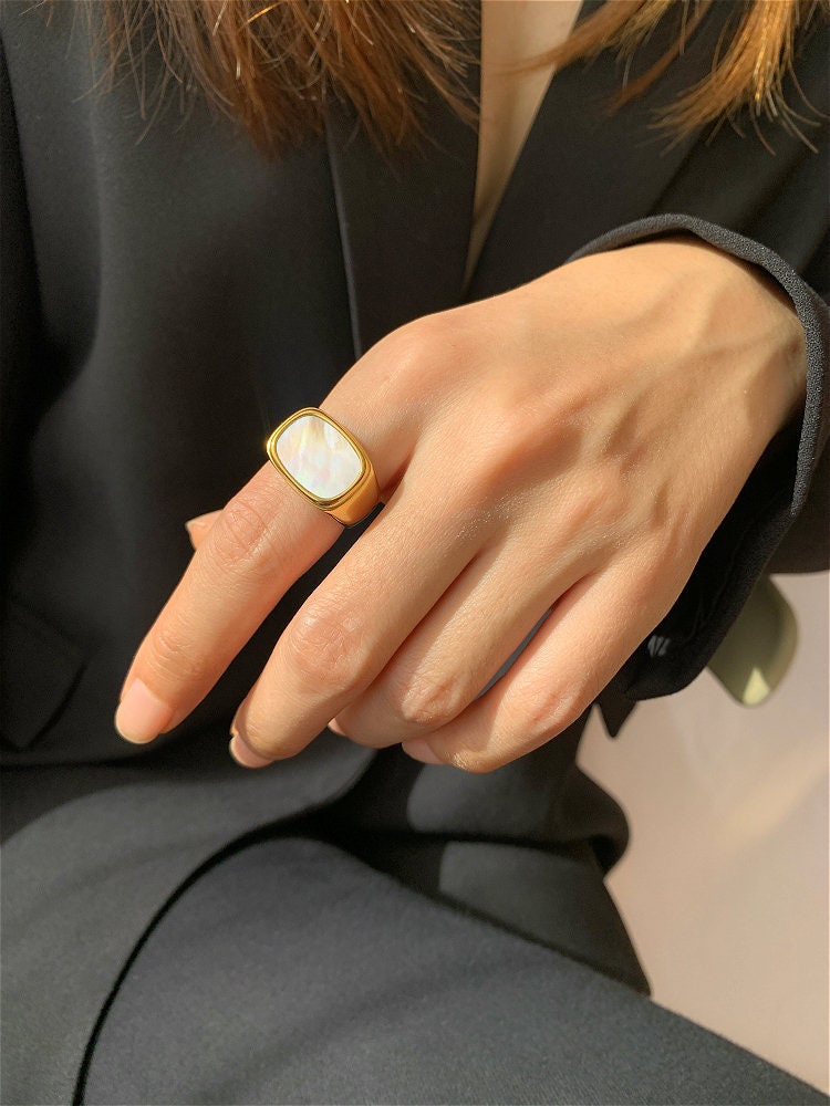 Chunky Gold Signet Ring, Mother-of-Pearl Ring