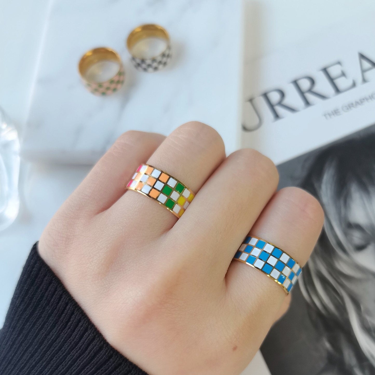 Statement Colored Checkered Ring