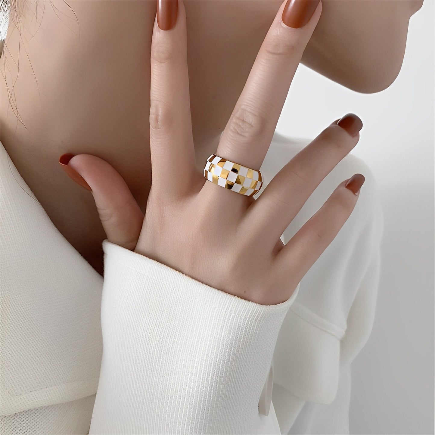 Gold & White Checker Ring, Statement Enamel Ring