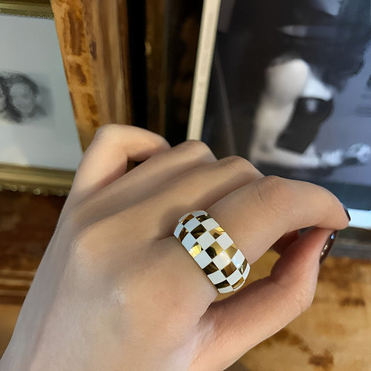 Gold & White Checker Ring, Statement Enamel Ring