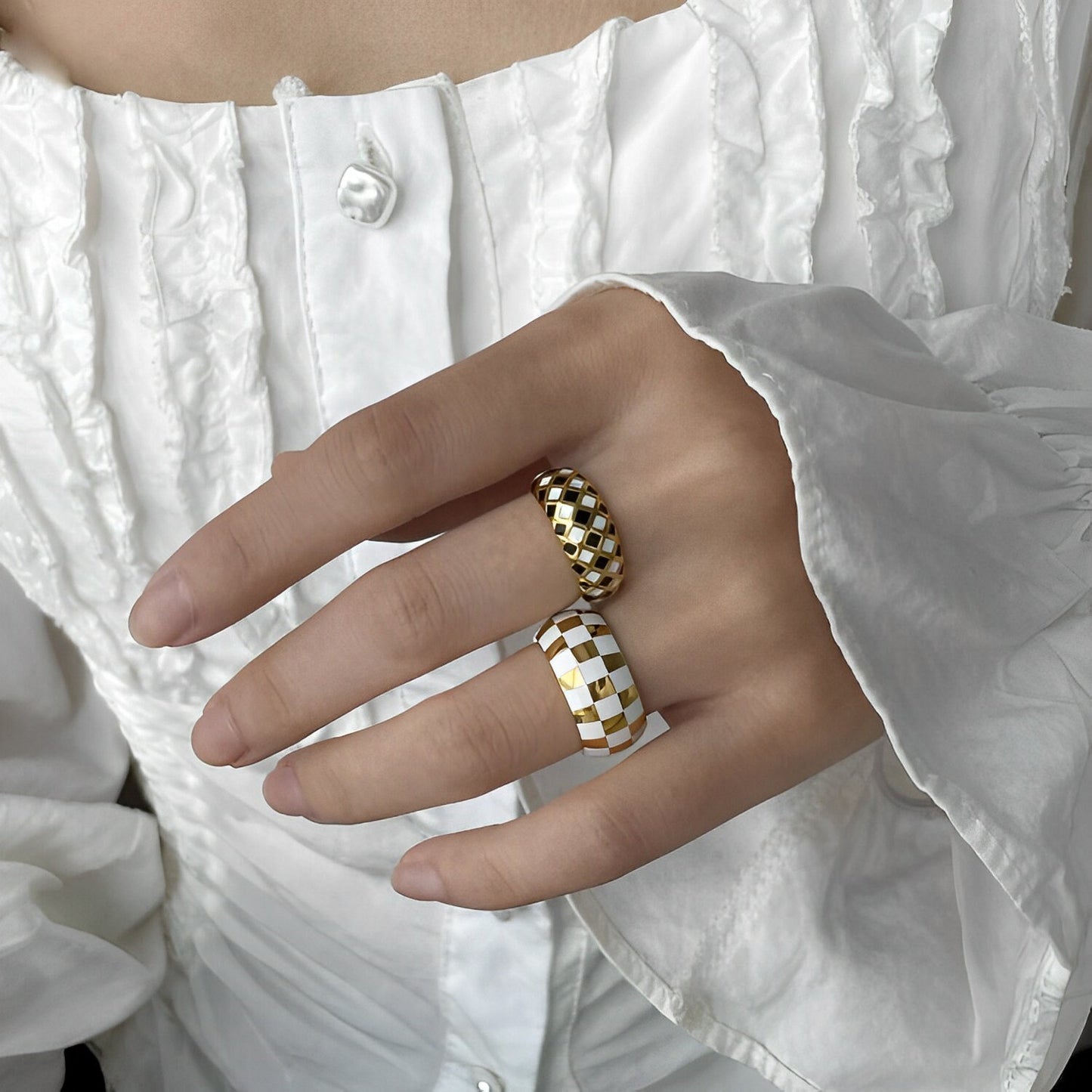 Gold & White Checker Ring, Statement Enamel Ring