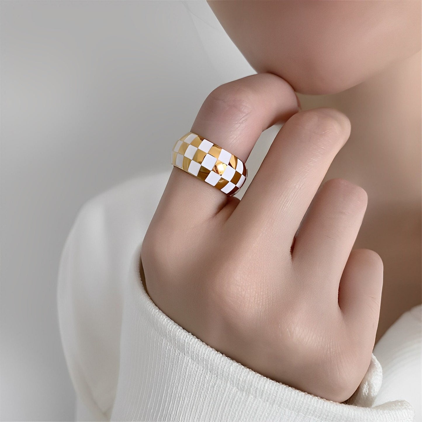 Gold & White Checker Ring, Statement Enamel Ring