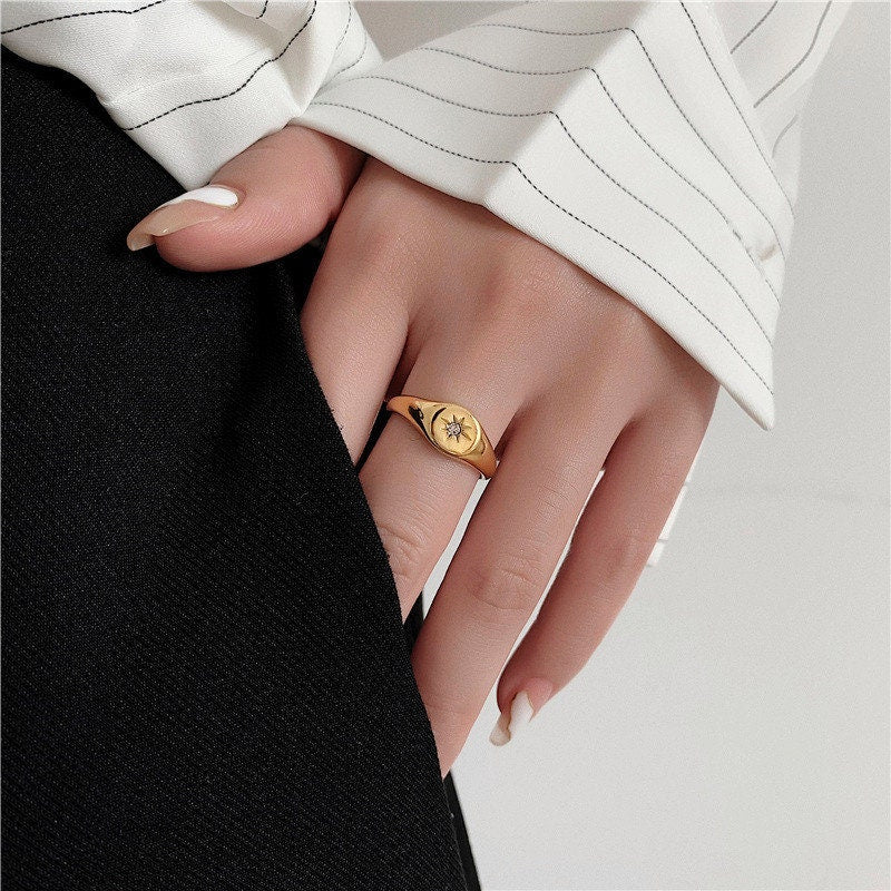 Gold Starburst Signet Ring, North Star Ring