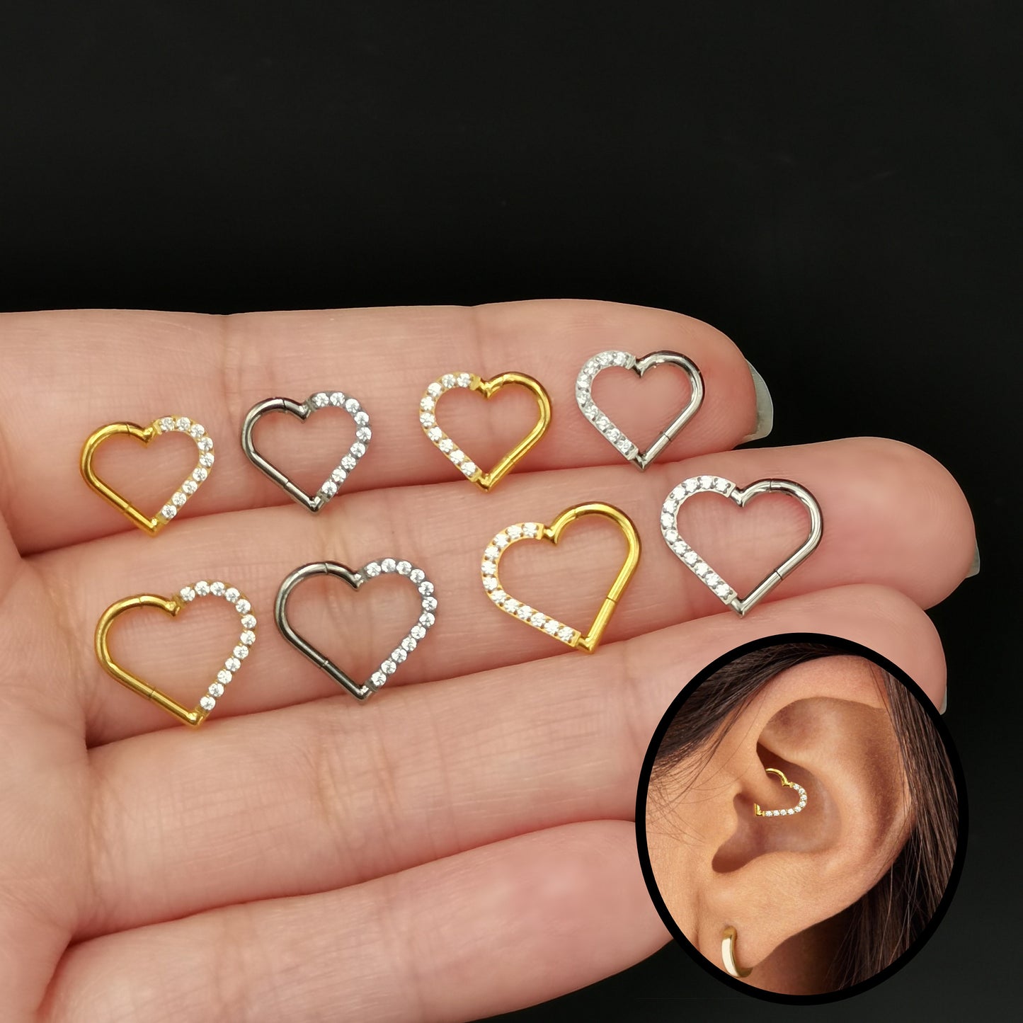 16G CZ Heart Daith Earring, Daith Piercing Hoop