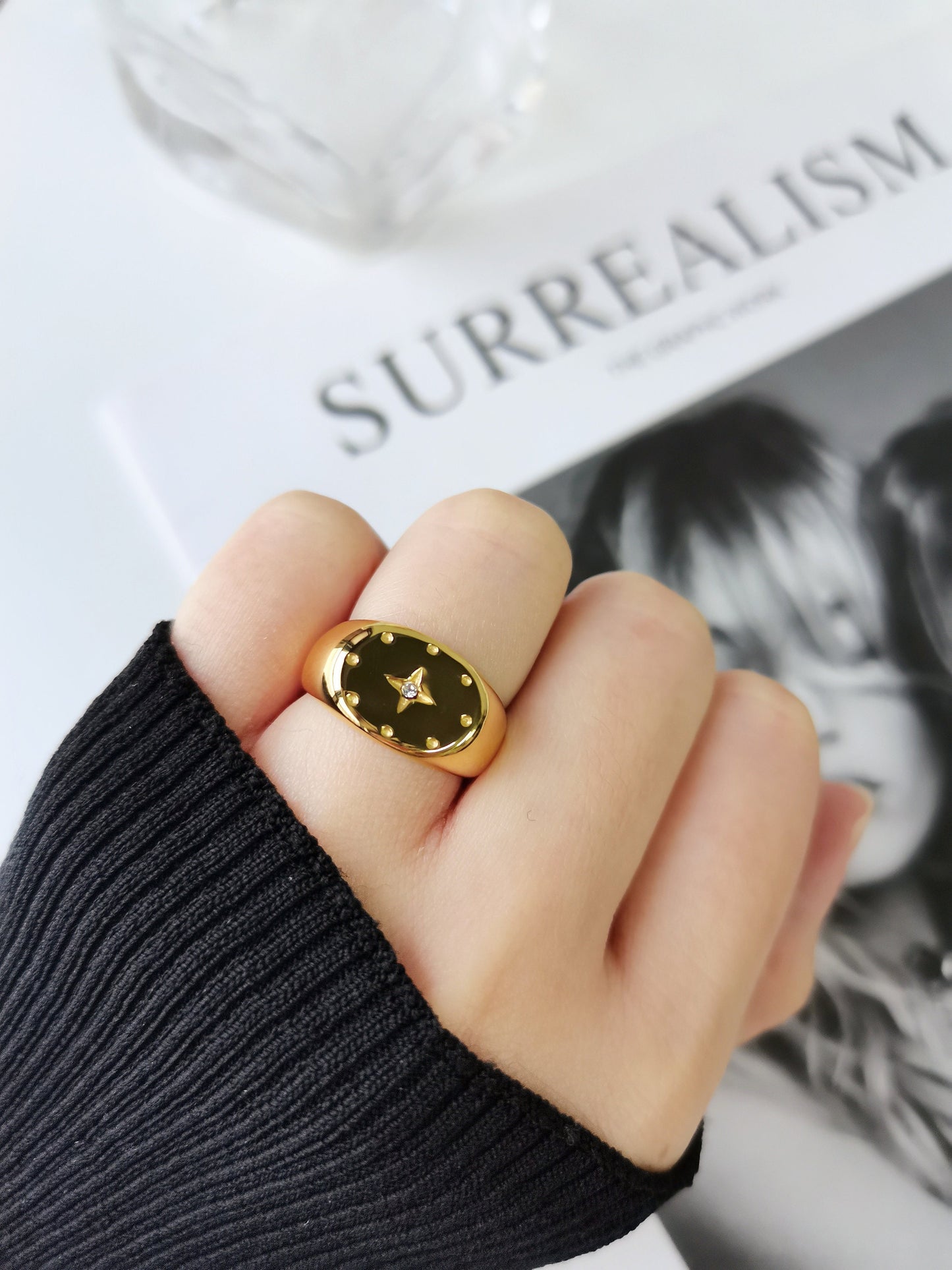 Gold Starburst Signet Ring, Statement  North Star Ring