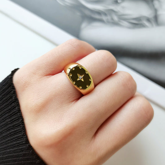 Gold Starburst Signet Ring, Statement  North Star Ring