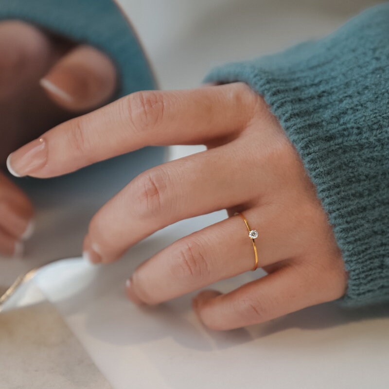 Thin Gold Diamond Ring, Dainty Stacking Rings