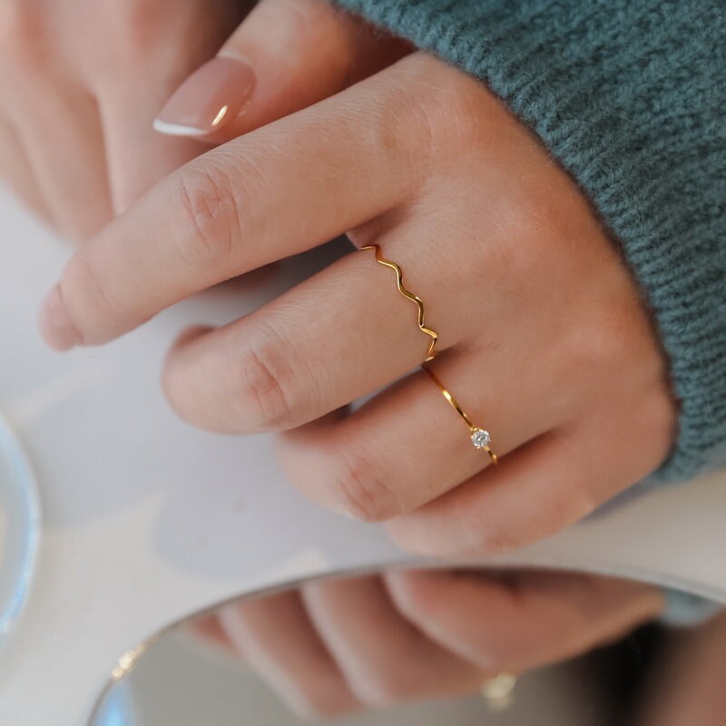 Thin Gold Diamond Ring, Dainty Stacking Rings