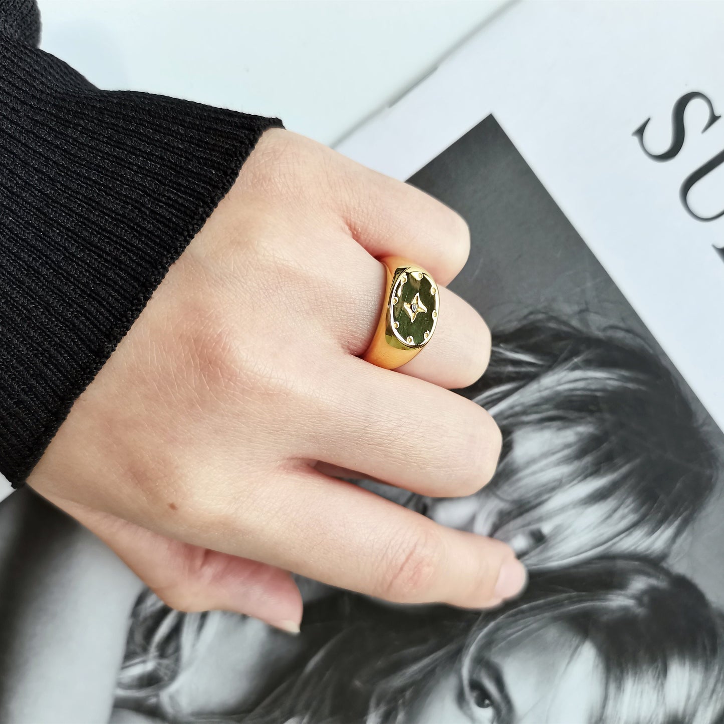 Gold Starburst Signet Ring, Statement  North Star Ring