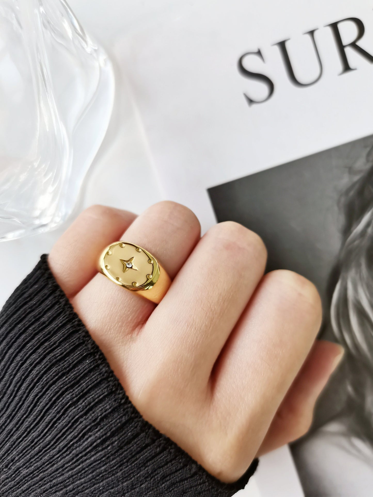 Gold Starburst Signet Ring, Statement  North Star Ring