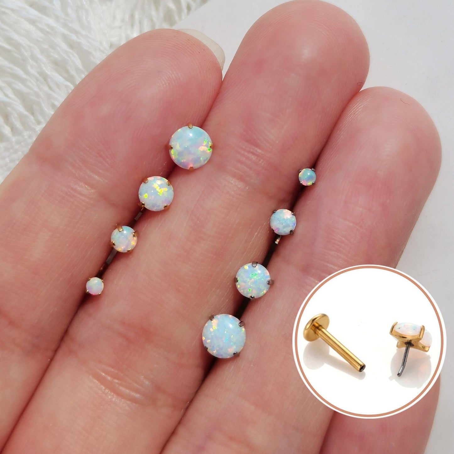 Tiny Opal Push Pin Labret, Threadless Flat Back Studs