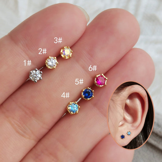 20G Colored Hexagon CZ Earring, Screw Ball End