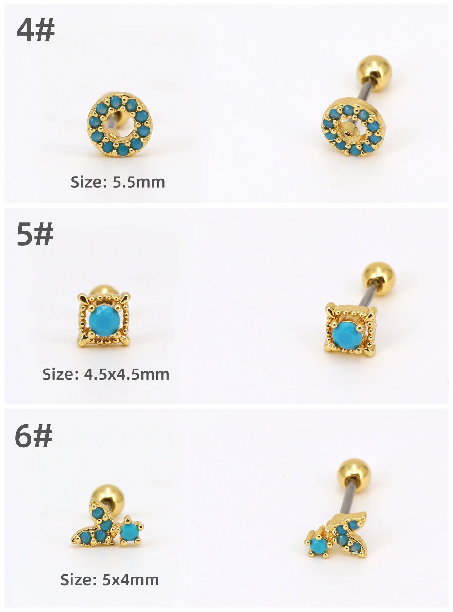 Turquoise Screw Back Stud Earrings,  20G Helix Cartilage Tragus Piercings