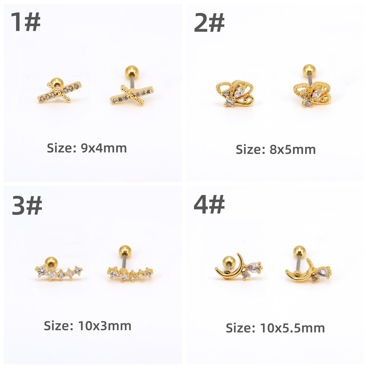 20G CZ Screw Back Stud Earrings, Cartilage Piercings Helix Stud