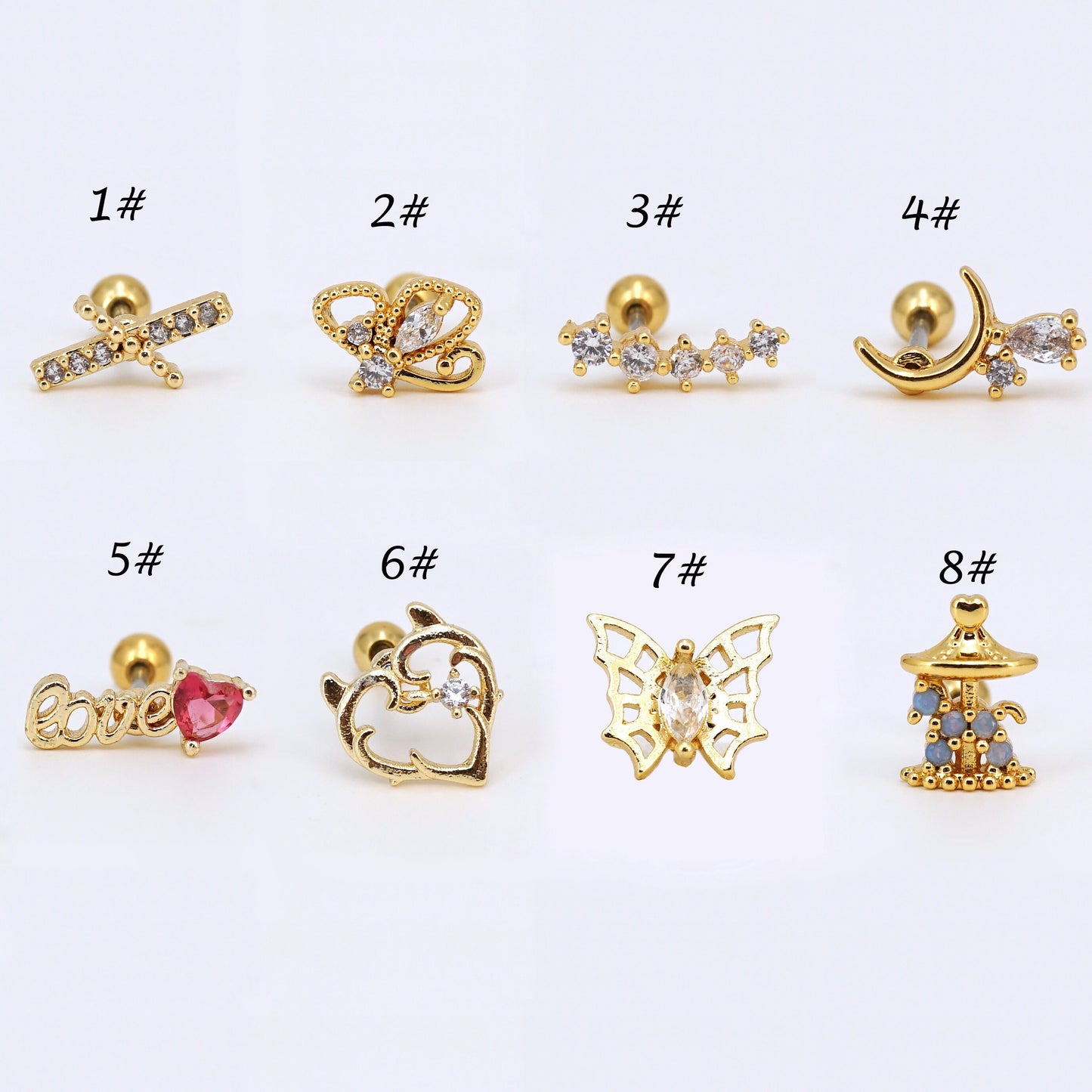 20G CZ Screw Back Stud Earrings, Cartilage Piercings Helix Stud