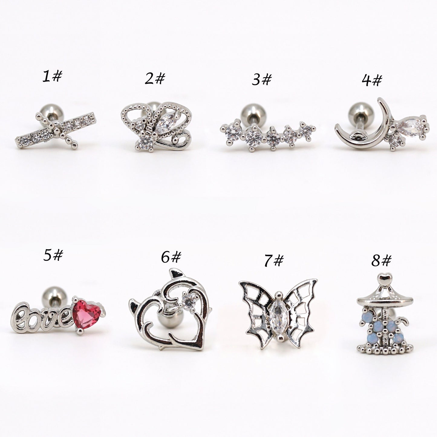 20G CZ Screw Back Stud Earrings, Cartilage Piercings Helix Stud
