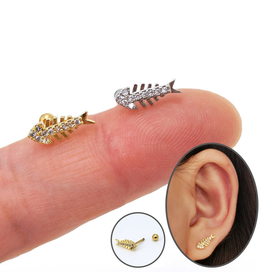 CZ Fish Bone Stud Earring, Screw Back Earring