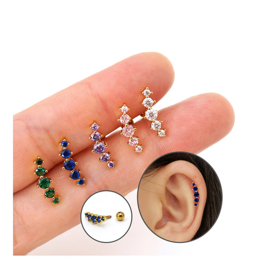 Colored CZ Curved Stud Earring, 16G Screw Back Piercing