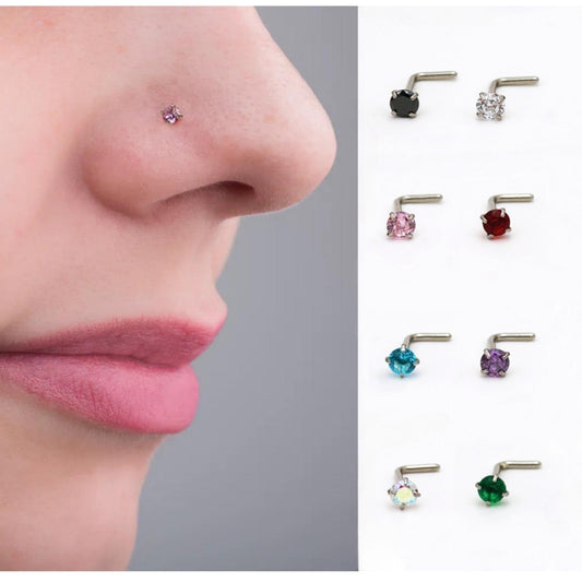 3mm Cubic Zirconia Nose Stud, L-Shape Nose Ring