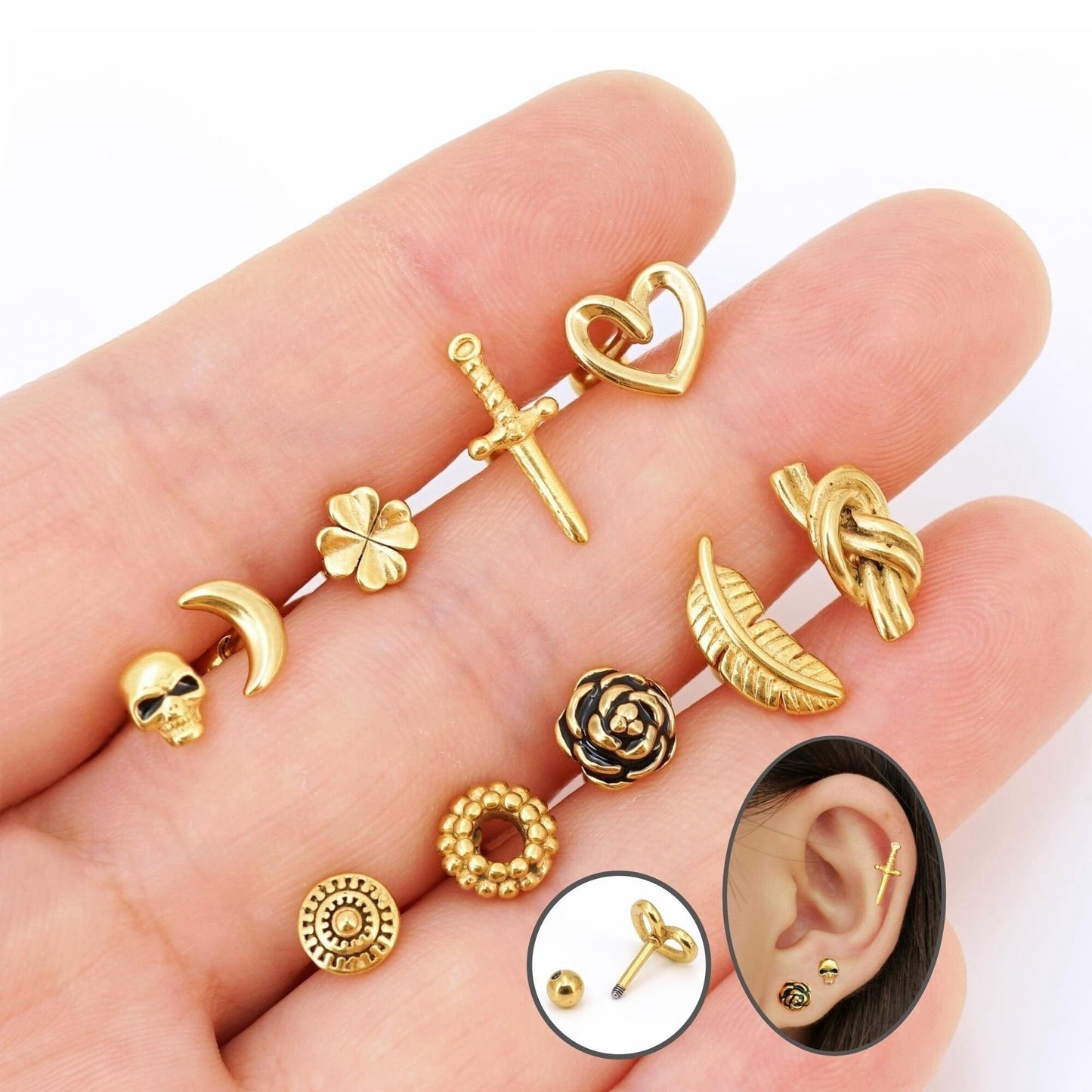 16G Cartilage Helix Tragus Piercing Studs, Screw Ball Back Earrings