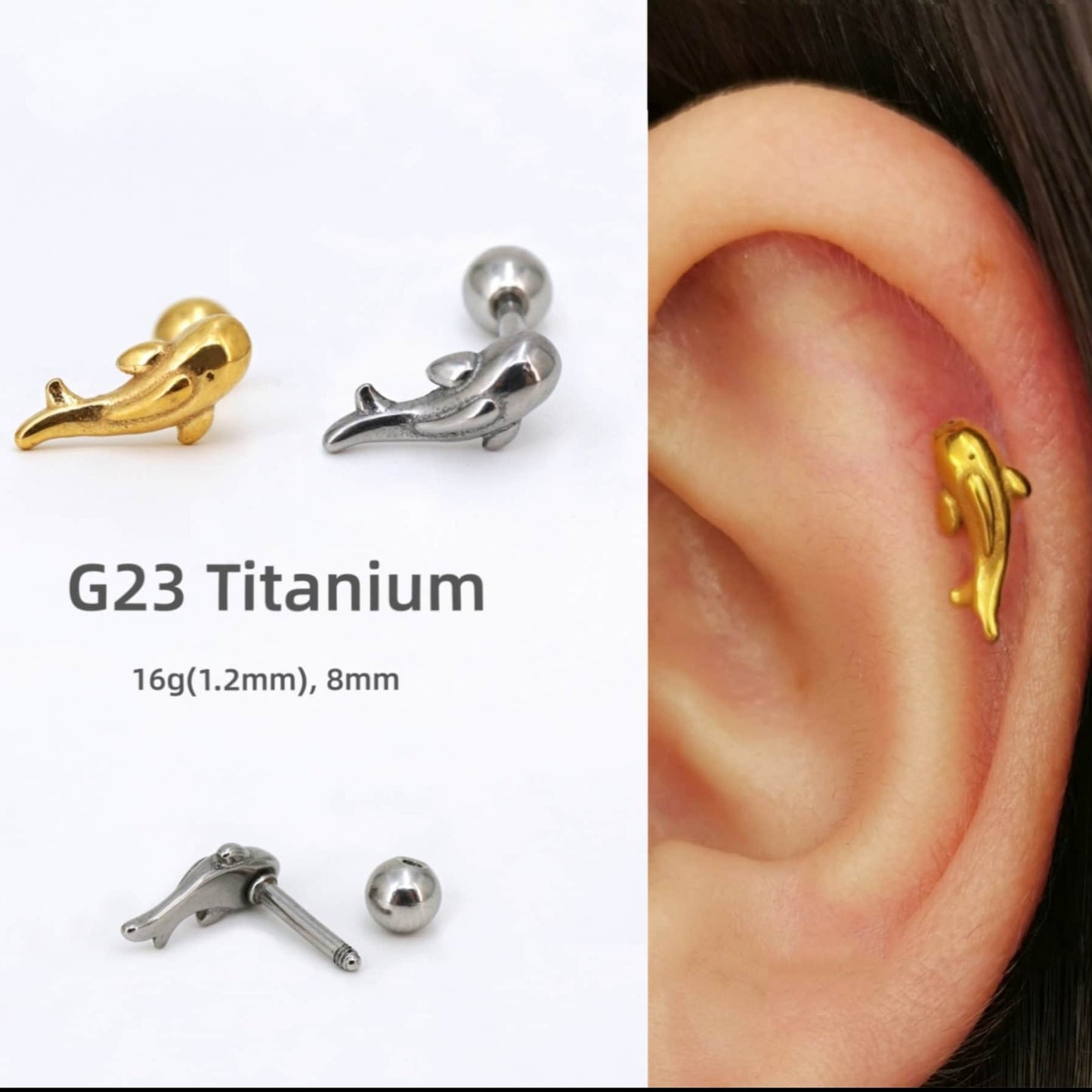 16G Dolphin Cartilage Stud Earring, G23 Titanium