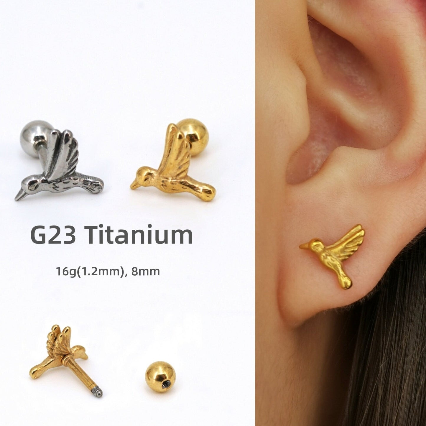 16G Bird Cartilage Stud Earring, Screw Ball Back