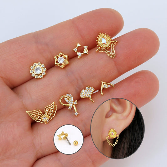 Dainty Screw Back CZ Stud Earrings, Helix Cartilage Tragus Piercing Stud