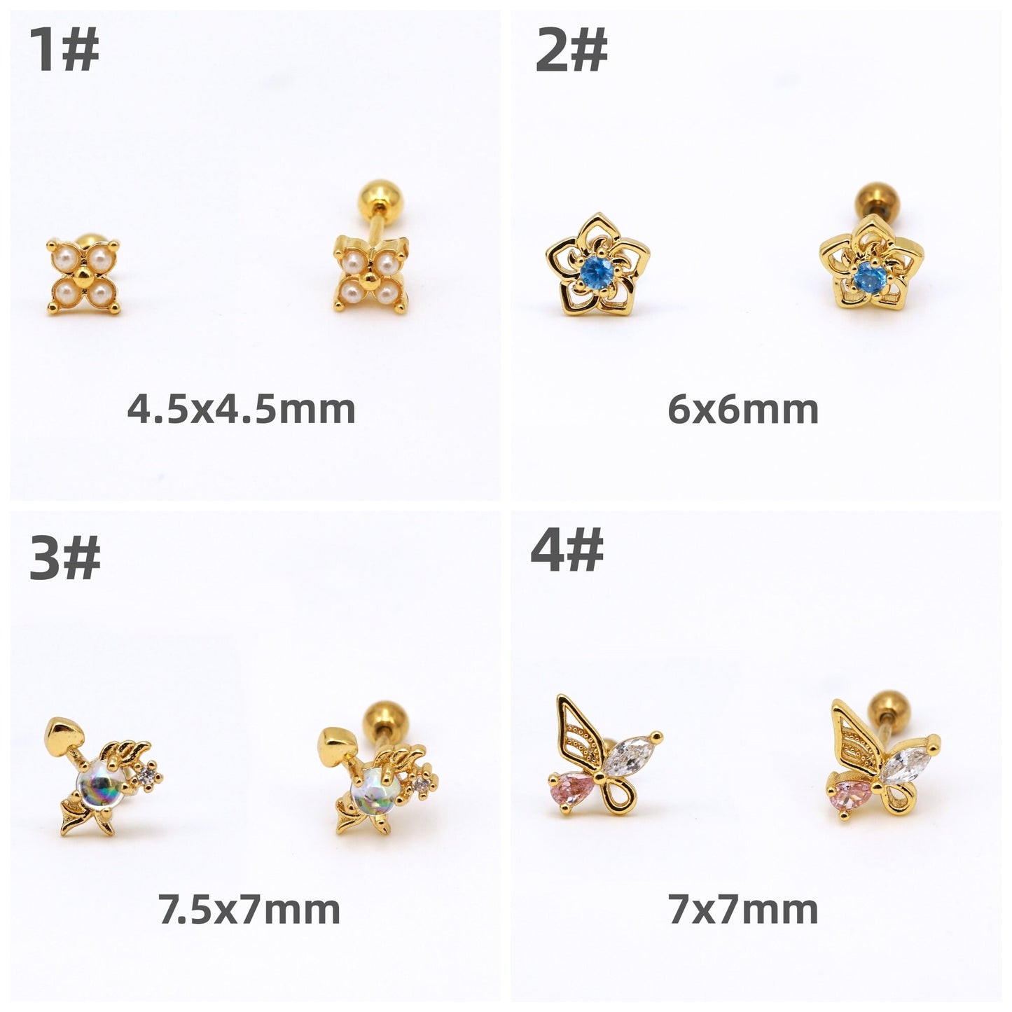 20G Colored CZ Stud Earrings, Tragus Cartilage Helix Piercings