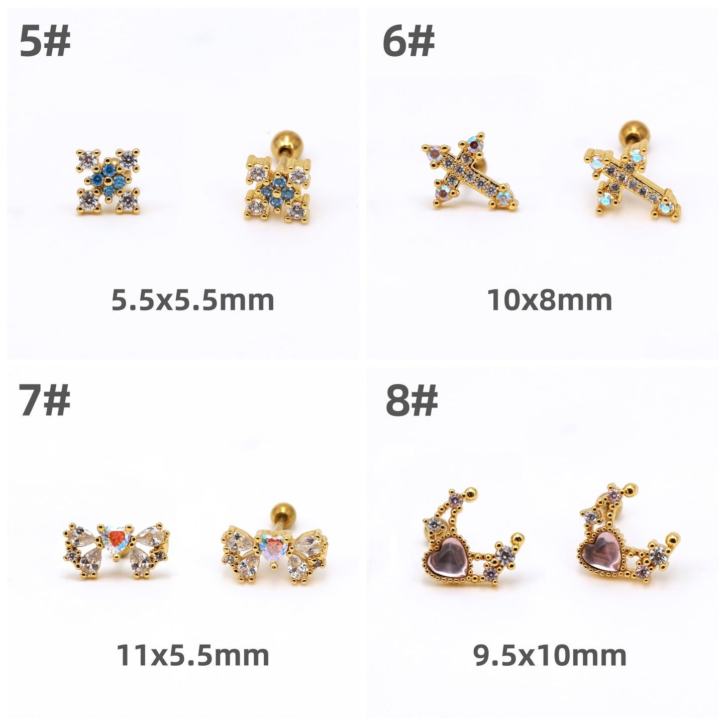 20G Colored CZ Stud Earrings, Tragus Cartilage Helix Piercings