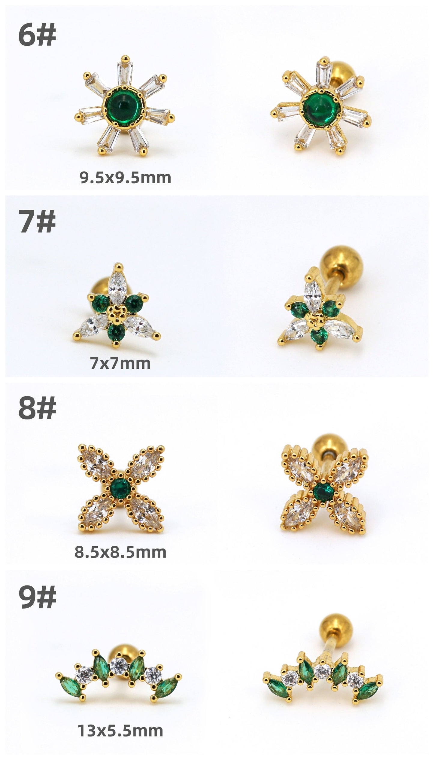 Emerald Green CZ Stud Earrings, 16G Screw Back Studs