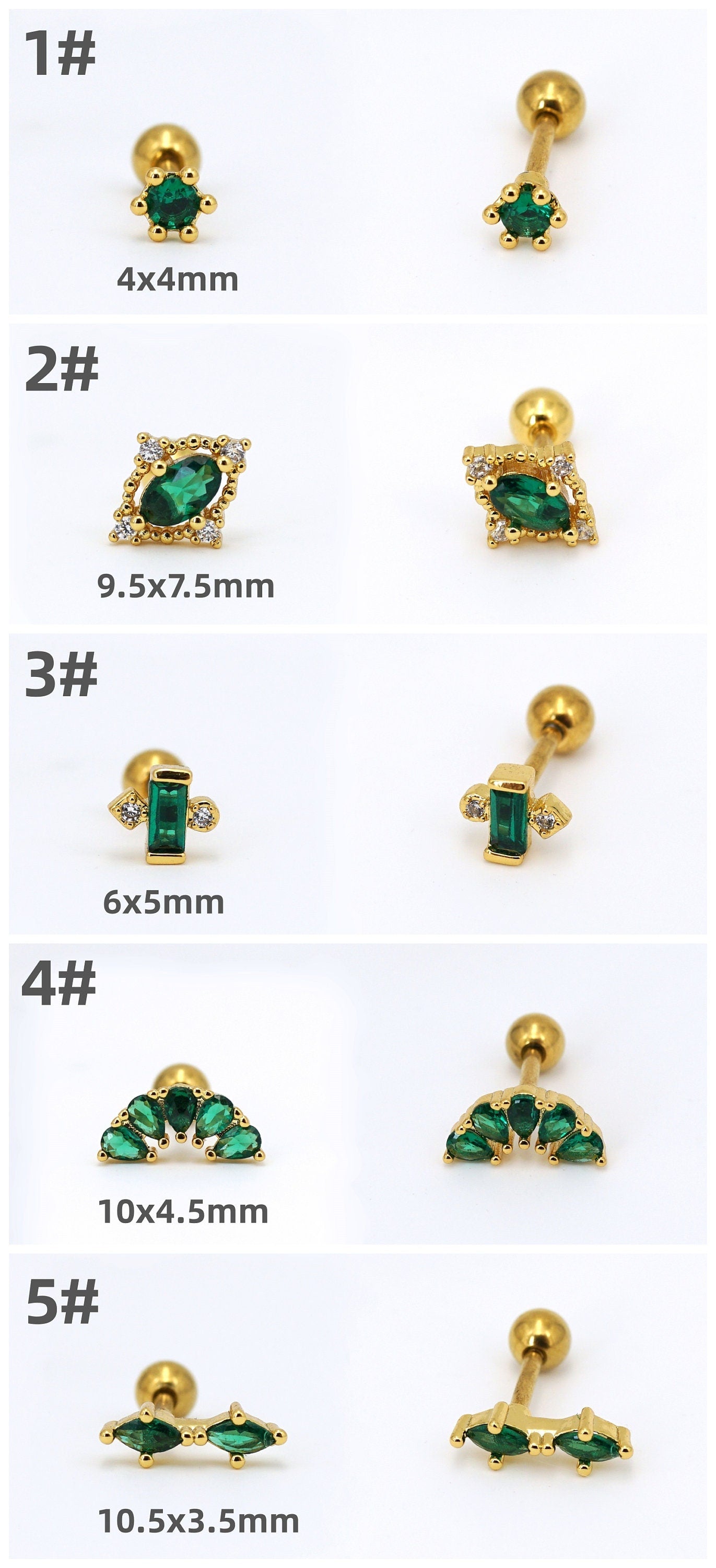 Emerald Green CZ Stud Earrings, 16G Screw Back Studs