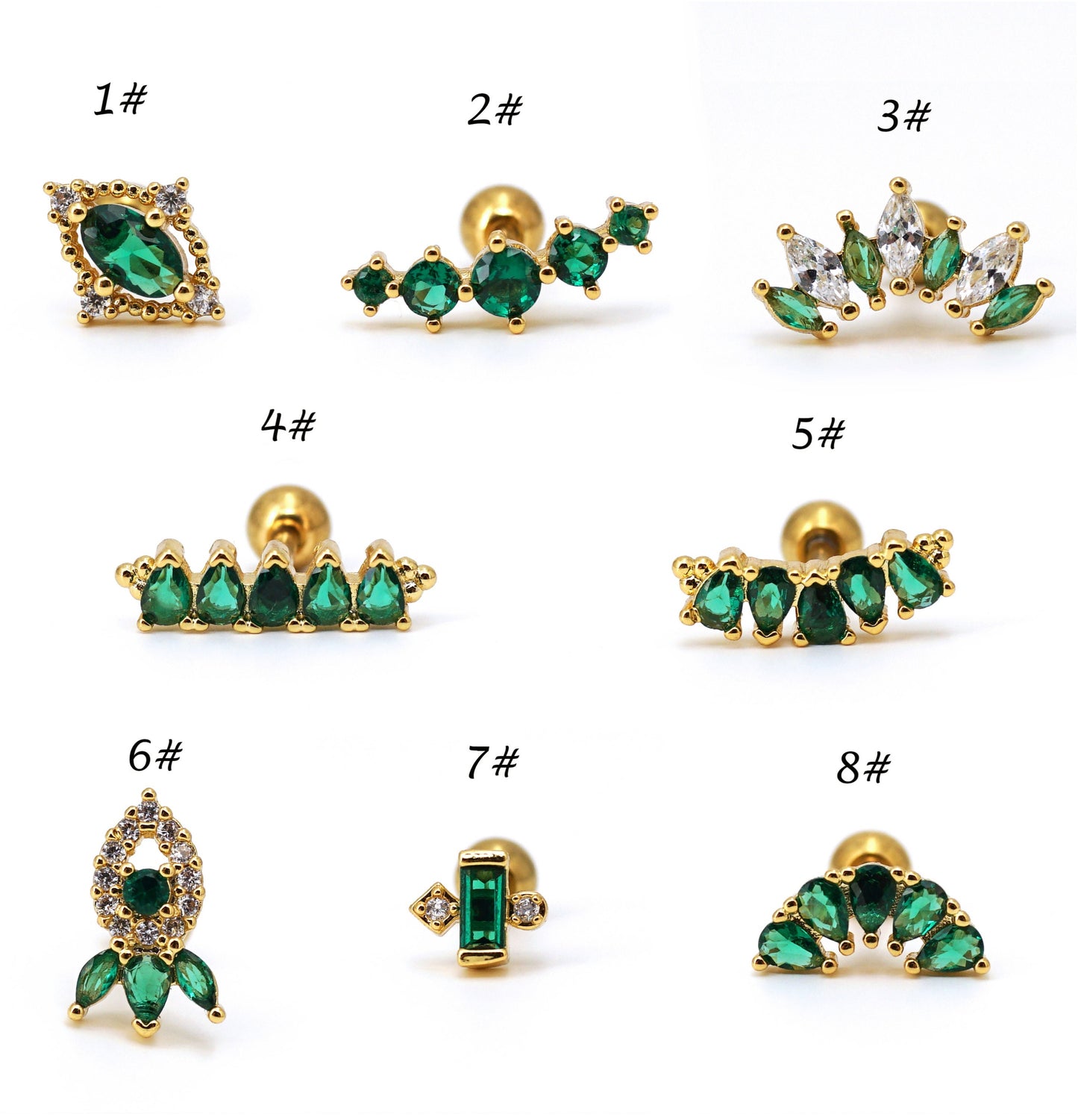 Emerald Green CZ Stud Earring 16G, Screw Back Studs