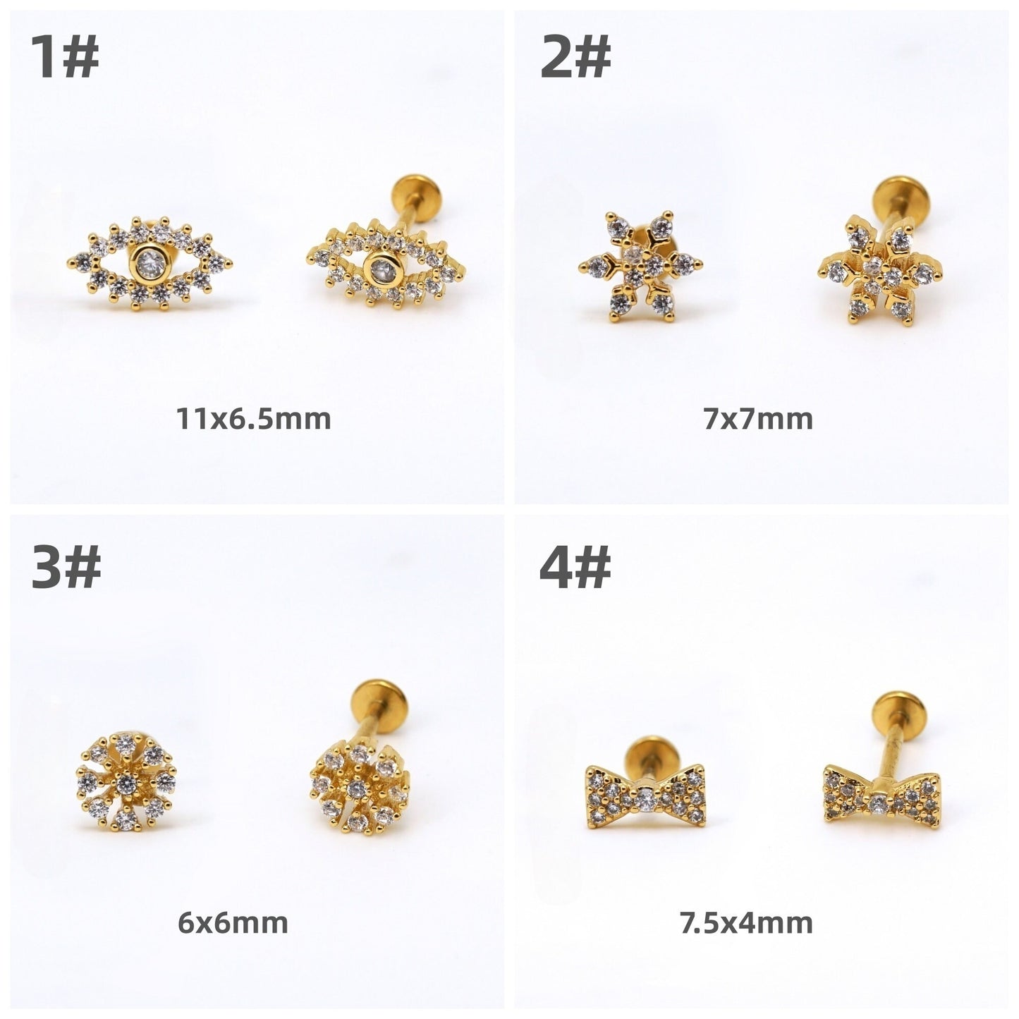 16G CZ Cartilage Stud Earrings, Threadless Push Pin Labret