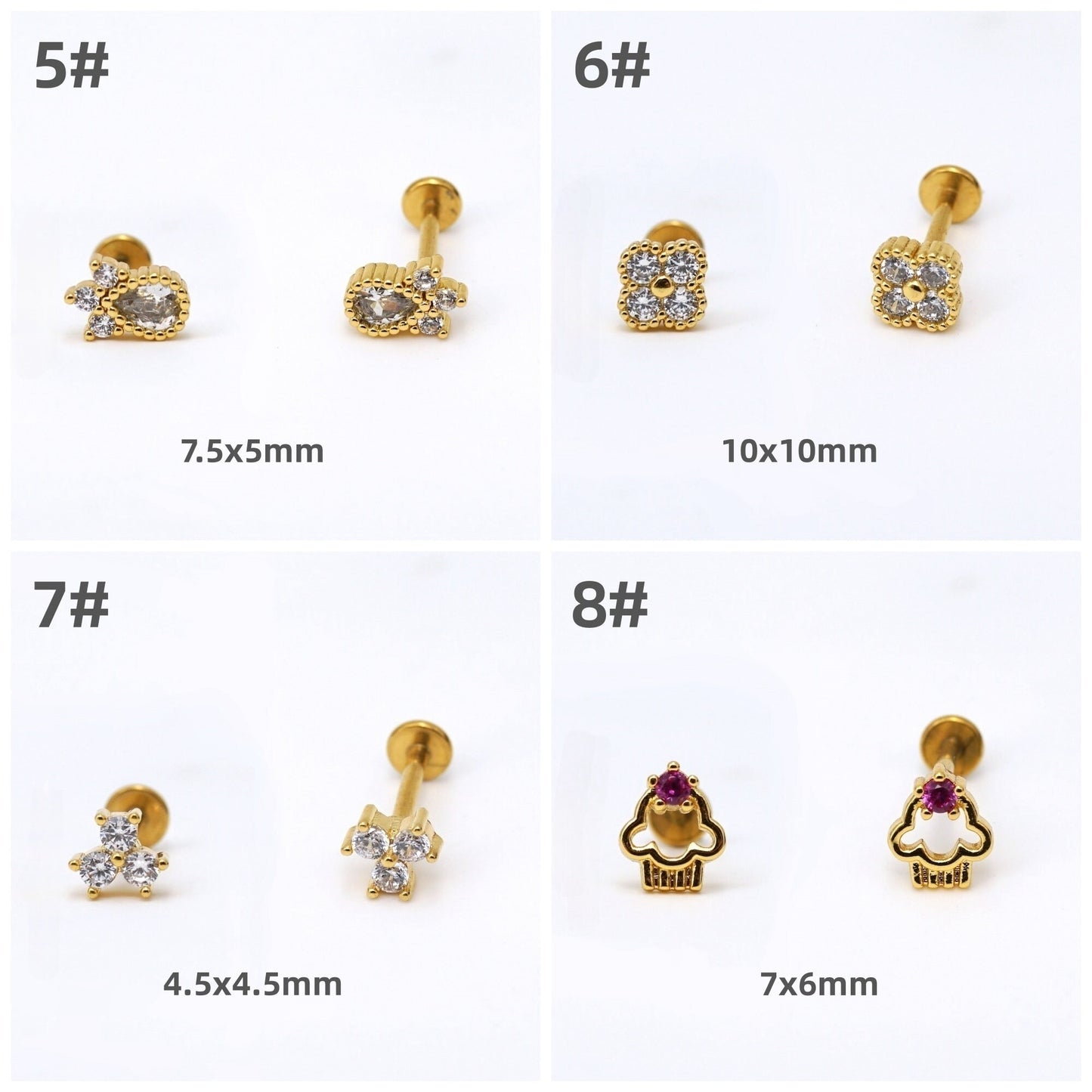 16G CZ Cartilage Stud Earrings, Threadless Push Pin Labret