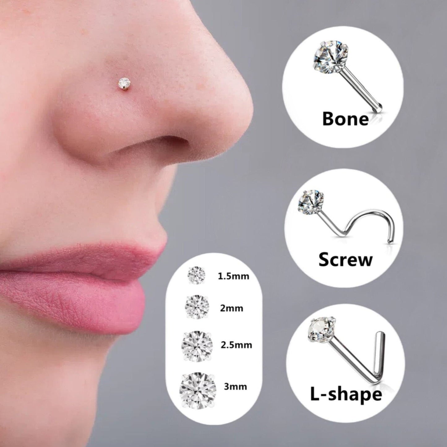 Tiny Diamond Nose Stud, 1.5mm/2mm/2.5mm/3mm CZ Nose Ring