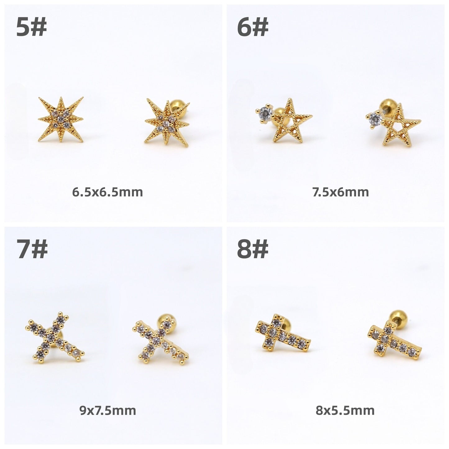 20G CZ Stud Earrings, Screw Ball Back Ear Piercings