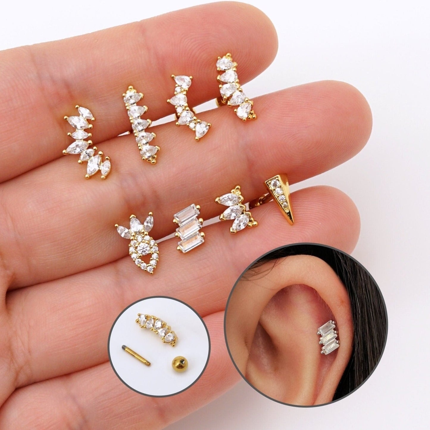 16G Cubic Zirconia Stud Earring, Screw Back Cartilage Studs