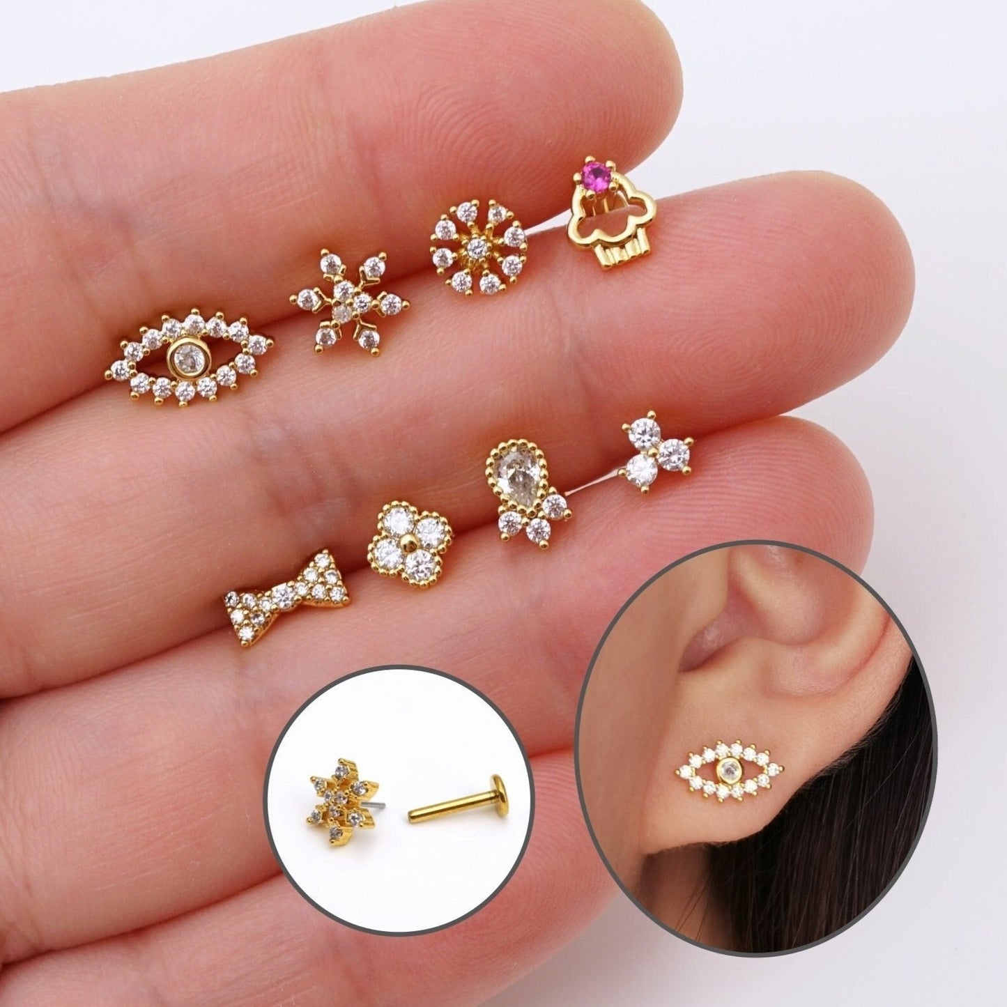 16G CZ Cartilage Stud Earrings, Threadless Push Pin Labret