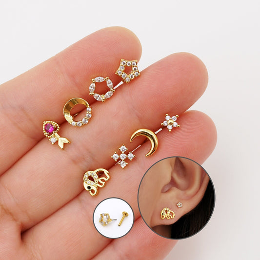 16G Zirconia Push Pin Labret, Threadless Flat Back Ear Piercings