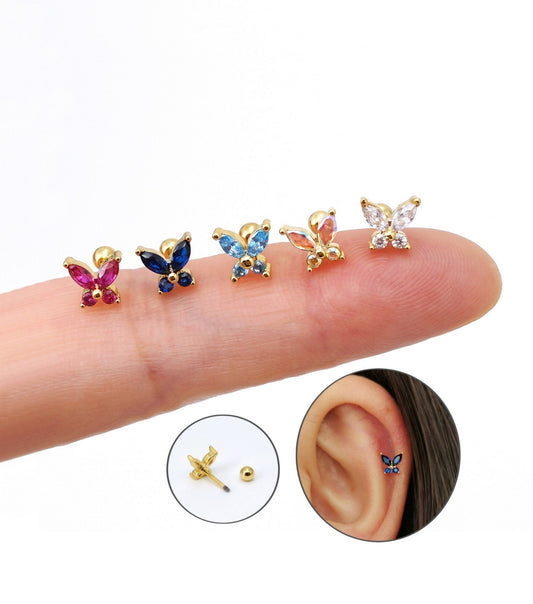 Colored CZ Butterfly Stud Earring, Screw Back Piercing