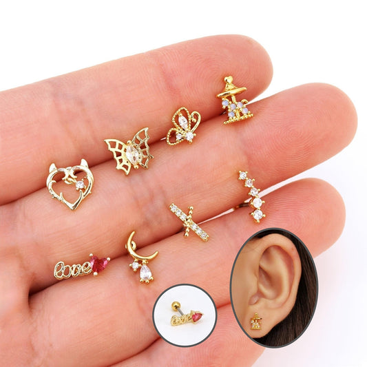 20G CZ Screw Back Stud Earrings, Cartilage Piercings Helix Stud