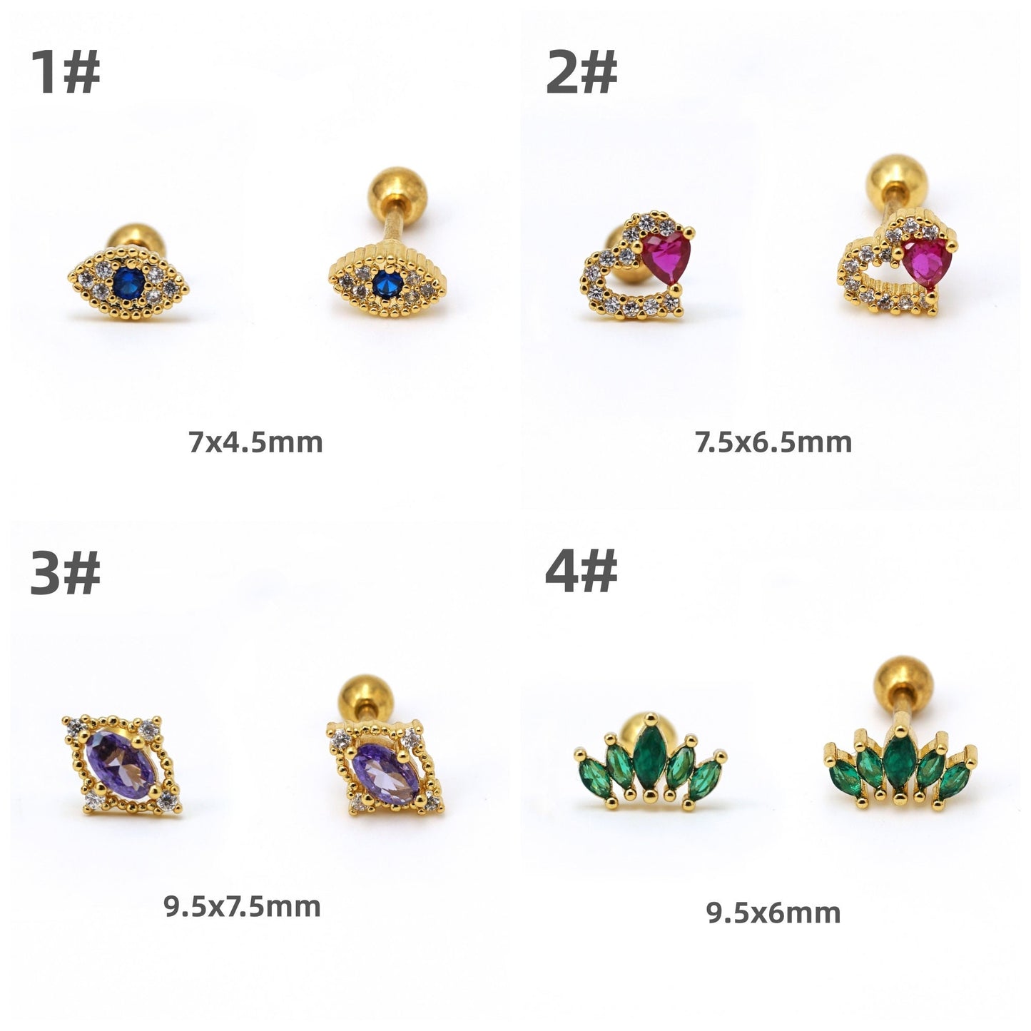 16G Colored CZ Stud Earrings Screw Back Piercing