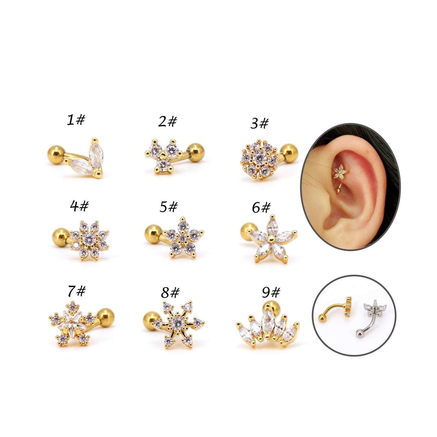 16G CZ Rook Piercing Curved Barbell Rook Earring