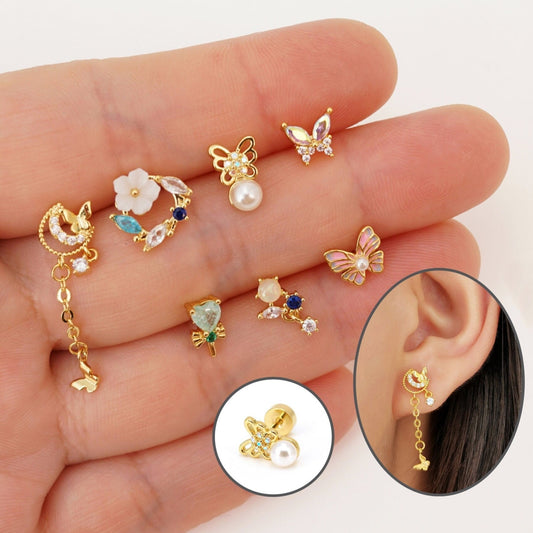 Dainty CZ Stud Earring, Enamel Butterfly Studs Screw Flat Back