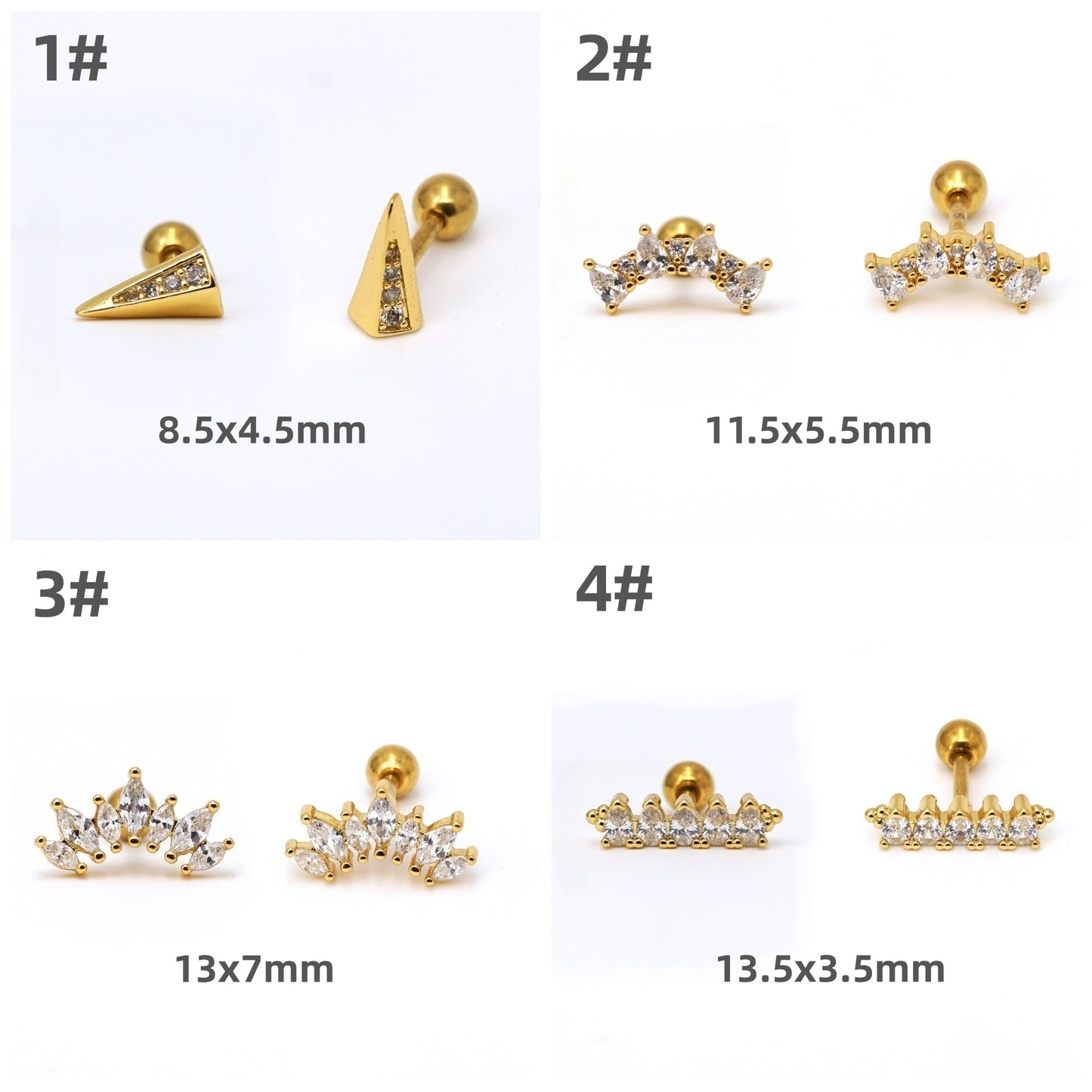 16G Cubic Zirconia Stud Earring, Screw Back Cartilage Studs