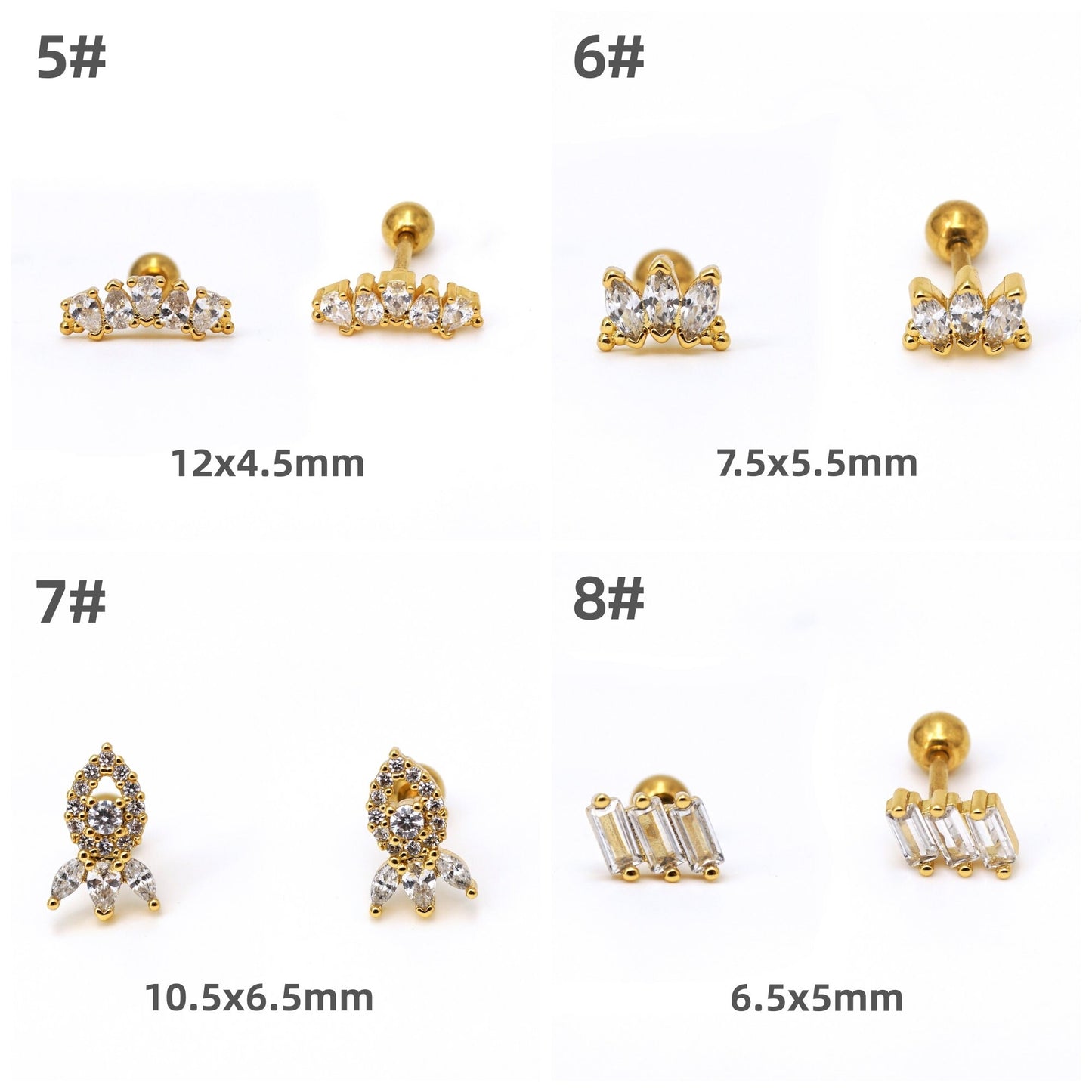 16G Cubic Zirconia Stud Earring, Screw Back Cartilage Studs